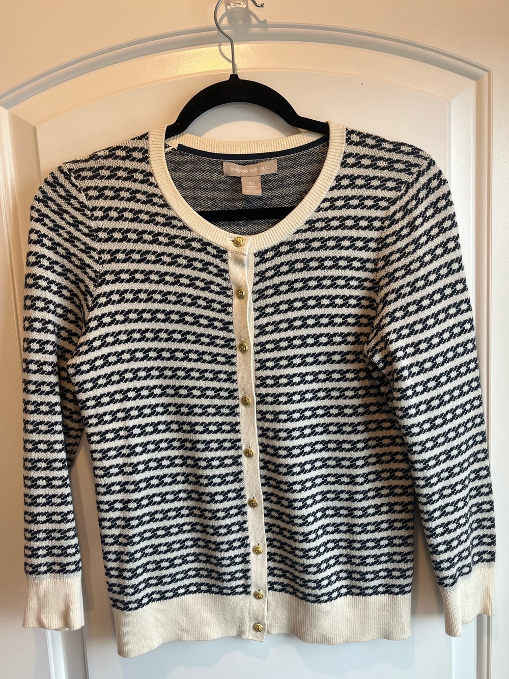 Banana Republic Chain Jacquard Cocoon Cardigan Navy Blue & Cream w Gold Buttons